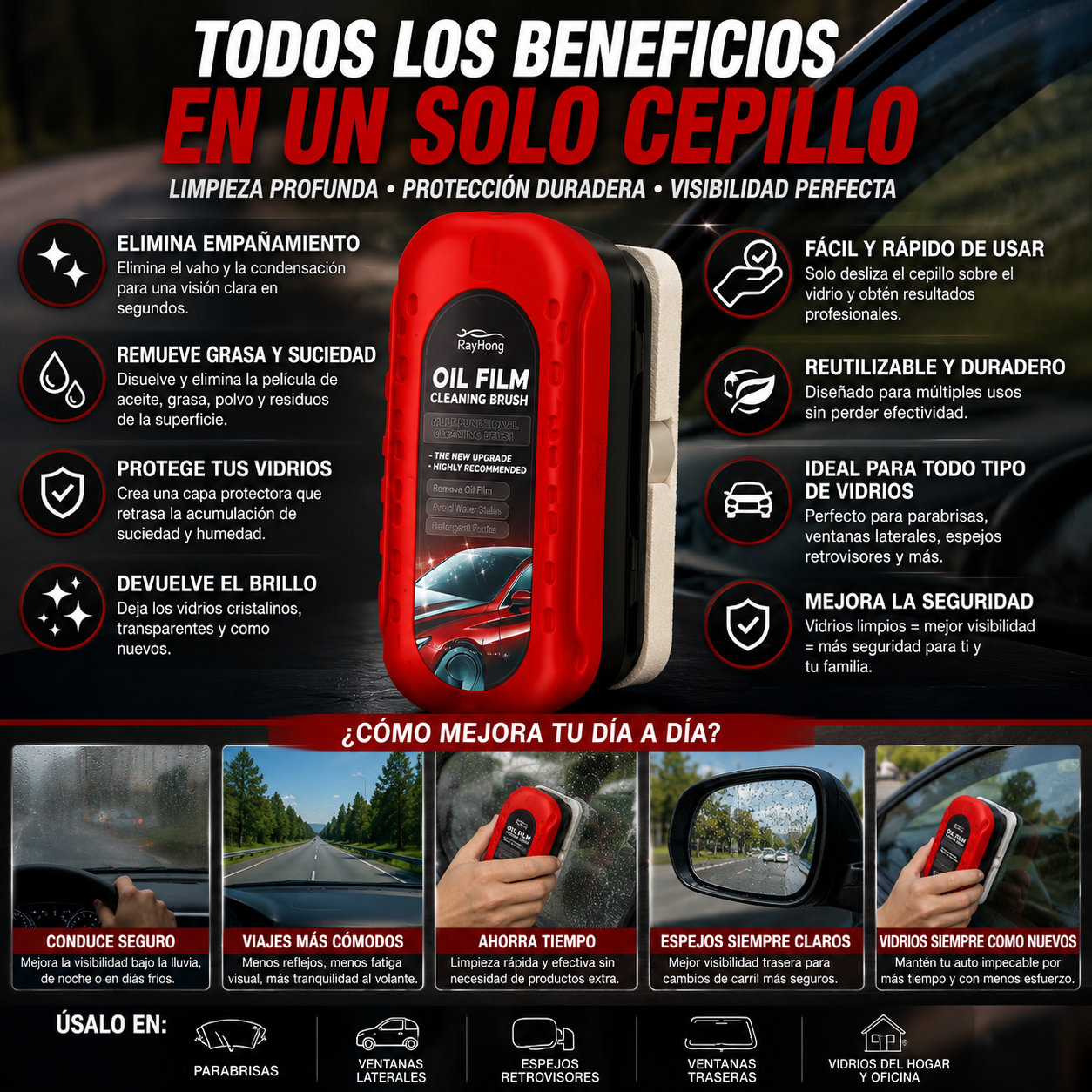 CLEARVISION BRUSH™ | ELIMINA EL EMPAÑAMIENTO, LA GRASA Y LAS MANCHAS PARA RECUPERAR UNA VISIBILIDAD CLARA Y CONDUCIR CON MAYOR SEGURIDAD.