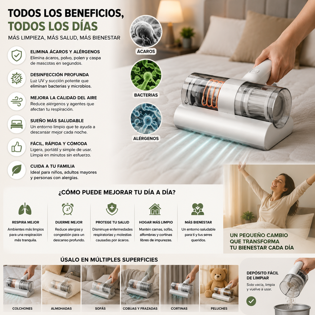 ÁCAROVAC™  ELIMINA ÁCAROS, POLVO Y ALÉRGENOS PARA DISFRUTAR DE UN HOGAR MÁS LIMPIO.